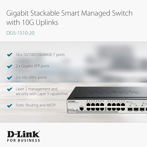 D-LINK SmartPro 16-Port Gigabit Switch with 2 SFP + 2 10G (DGS-1510-20) 20 Port, 2 SFP, 2 SFP+