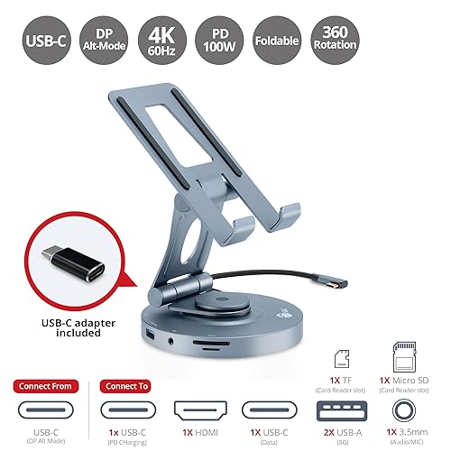 SIIG USB-C Hub Stand - iPhone 15 / iPad mini/Tablet Stand Docking Station, Rotatable Base/Foldable Holder, 4K 60Hz HDMI, USB-A & USB-C 5Gbps, PD 88W, 3.5mm Audio/Mic, SD/TF, for iPad/Surface Pro 9