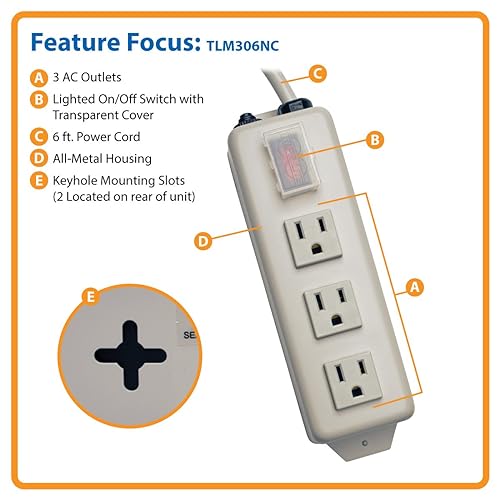 Tripp Lite 3 Outlet Home & Office Power Strip, 6ft Cord with 5-15P Plug (TLM306NC) 3 Outlet + 6ft Cord Power Strip