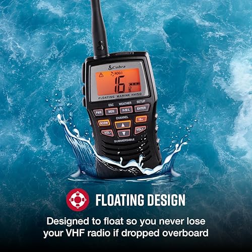 Cobra Marine Radio - MR HH150 FLT - 3 Watt, Floating, Long Range, Handheld, VHF Radio, NOAA, International, Waterproof, Submersible, Weather Alerts, LCD Screen, Belt Clip