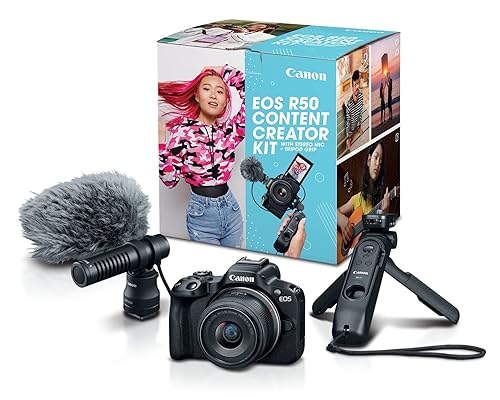 Canon EOS R50 Content Creator Kit, Hybrid Mirrorless Camera with RF-S18-45mm F4.5-6.3 IS STM Lens, Tripod Grip, Microphone, Wireless Remote Control, 24.2 MP CMOS (APS-C) Sensor, Vlogging Camera, Black EOS R50 Content Creator Kit Black
