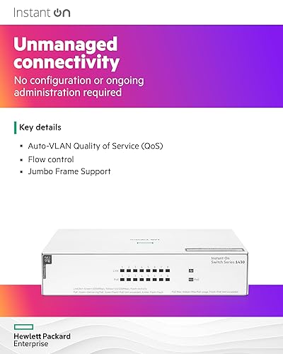 HPE Networking Instant On Switch Series 1430 8-Port Gb Unmanaged Layer 2 Ethernet Switch with PoE | 8X 1G | 8X CL4 PoE (64W) | Fan-Less | US Cord (R8R46A#ABA) 8G PoE 64W