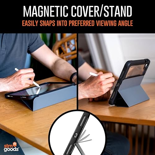 STM Dux Ultra Case for iPad A16/10th Gen – Rugged MIL-SPEC Drop Protection, Snap Magnetic Stand, Pencil & Crayon Storage, Clear Back, Auto Sleep/Wake – Black