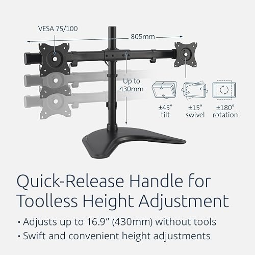 Kensington SmartFit Ergo Freestanding Dual Monitor Stand for 2 Screens Up To 27 Inch 22lbs, Quick-release Handle, Silicone Pad for Phone/Tablet, Height-adjustable Monitor Mount with Max VESA 100x100mm