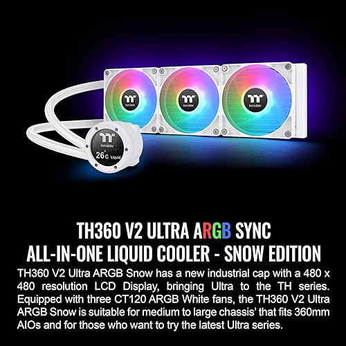 Thermaltake TH360 V2 Ultra ARGB Sync/AlO Liquid Cooler/ARGB Fan 120 * 3/PWM 500~1500rpm/Water Block 2.1 LCD/White, CL-W405-PL12SW-A