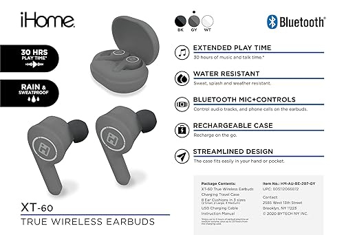 iHome XT-60 True Wireless Earbuds with Rechargeable Travel Case, Bluetooth Earphones with Microphone and Touch Control, White