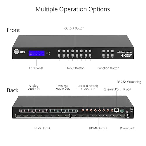 SIIG 8x8 4K HDMI Video Matrix Switcher with LCD, 18Gbps, HDCP 2.2, HDR 10, Auto Downscaling, EDID Management, Support ARC, Audio Embedded and Audio Extraction (CE-MX0011-S1)