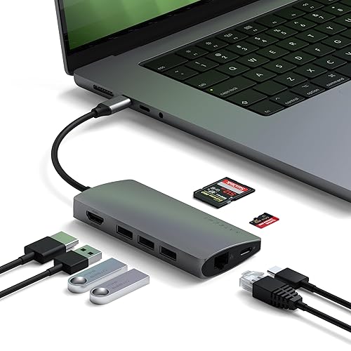 Satechi 8 in 1 USB C Hub Multiport Adapter V2, 4K HDMI, 115W USB C PD Charging, 3 USB-A, Ethernet, Micro/SD Card Readers, for Laptop, MacBook Air/Pro M4, iPad, Windows - Space Gray V2 Space Gray