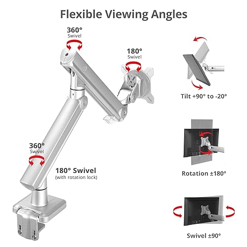 SIIG Single 49 Inch Mechanical Spring Monitor Arm Top Mount-Silver for 22-49 VESA Screens, Full Motion Tilt Swivel Rotation, Height Adjustable with C-Clamp Base, TAA Compliant (CE-MT3V11-S1)