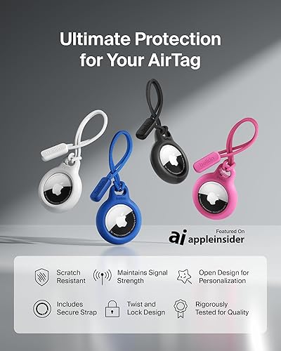 Belkin Apple Airtag Secure Holder with Strap - Apple Air Tag Keychain - Airtag Holder with Strap for Key Ring - Airtag Keychain Accessories - Scratch Resistant Airtag Case with Raised Edges - White