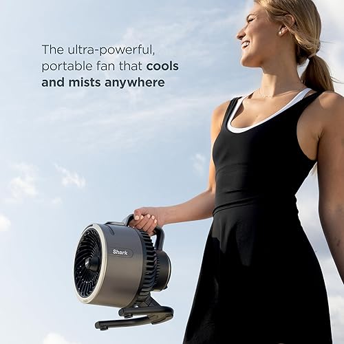 Shark FlexBreeze HydroGo Fan — Ultra-powerful portable fan that mists indoors & outdoors. Over 70 feet of reach, corded & cordless with up to 12-hr. battery, 5 speeds, & evaporative misting, Grey