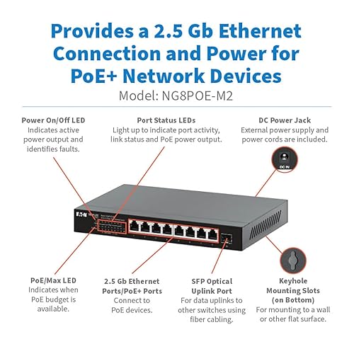 Tripp Lite 2.5 Gbps 8-Port Desktop Unmanaged Gigabit Ethernet Network Switch with PoE+, 100W, Metal Enclosure, Plug-and-Play, TAA Compliant, Wall Mount Option, Status LEDs, 3-Year Warranty (NG8POE-M2) 2.5 Gbps / PoE+ 8-Ports
