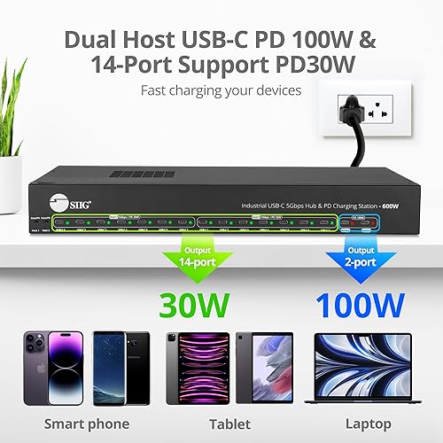 SIIG 16-Port Industrial 600W USB-C PD Charging Station Hub - 5Gbps Transfer Speeds, 30W 14-Port, 100W 2-Port, Metal, Surface Mountable Housing, Auto Fan Control, ESD Protection (ID-US0B11-S3)