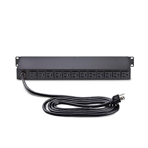 StarTech.com 16-Outlet Horizontal Rack Mount Metered PDU, 1U Server Power Strip w/Surge Protector, 8ft/2.4m Power Cable, TAA 16 Outlets | 15A