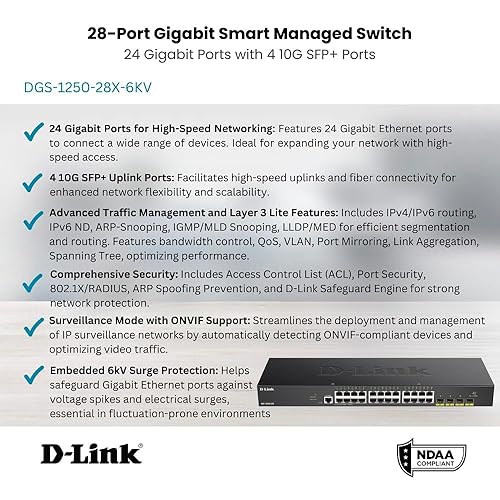 D-Link Ethernet Switch, 28 Port Smart Managed Gigabit Ethernet w/ 4 10G SFP+ Ports Uplink, Business Network 6kV Surge Protection (DGS-1250-28X-6KV)