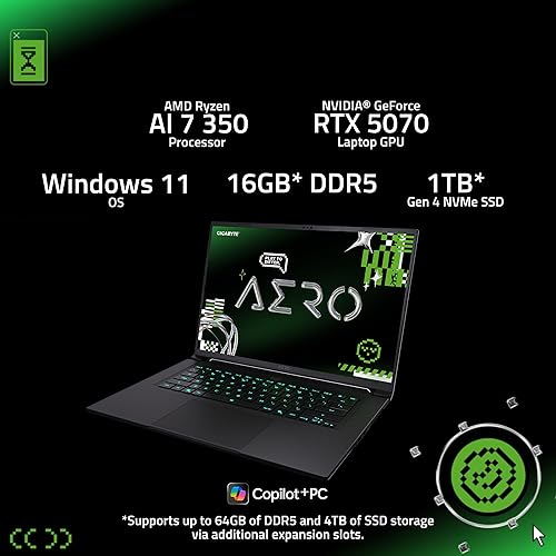 GIGABYTE AERO X16; Copilot+ PC - 165Hz 2560x1600 WQXGA - NVIDIA GeForce RTX 5070 - AMD Ryzen AI 7 350-1TB SSD with 16GB DDR5 RAM - Windows 11 Home - Space Gray AERO X16 1WH93USC94AH