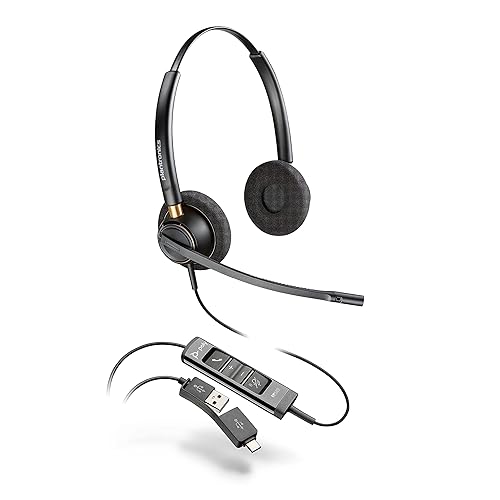 Poly - EncorePro 525 USB-A and USB-C USB Headset (Plantronics) - Acoustic Hearing Protection - Hold & Call Answer Buttons - Dual Ear Wearing Style,Black
