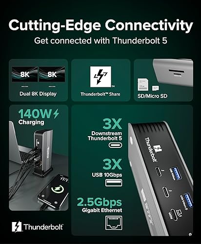 Plugable Thunderbolt 5 Dock: 140W Power Delivery, Up to Dual 6K@60Hz for Mac, Up to Dual 8K for Windows, Supports 80/120Gbps, 3X Thunderbolt 5 Ports, 2.5GbE, Driverless Connectivity (TBT-UDT3)
