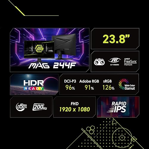 MSI MAG 244F, 24 Gaming Monitor, 1920 x1080 (FHD), Rapid IPS, 200Hz, 0.5ms, FreeSync Premium, HDR Ready, AI Vision, HDMI, Displayport, Tilt, Black