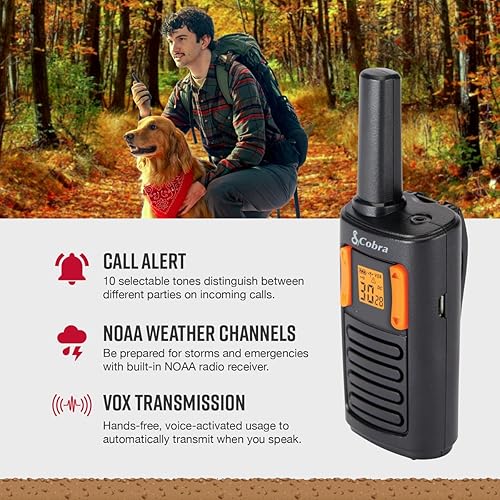 Cobra RX180 Walkie Talkies – 18-Mile Long Range Signal, 22 Preset Channels, NOAA Weather Alerts, 10 Call Tones, Voice-Activated, Compact and Reliable, 2-Pack, Orange/Black