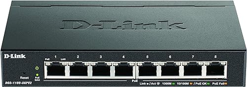 D-Link Ethernet PoE Switch, 8 Port Smart Managed w/ 64W PoE Budget Layer 2 Network Gigabit Wireless Internet (DGS-1100-08PV2) 8 Port Gigabit PoE V2