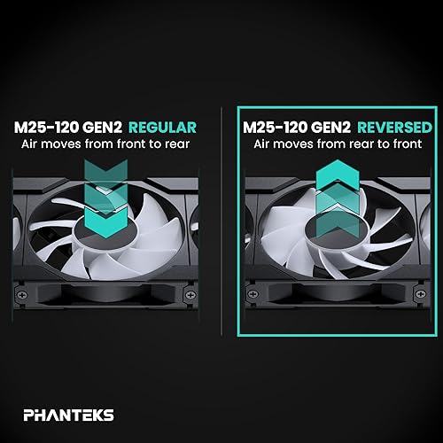Phanteks M25-120 Gen2 Reversed Blade, 120mm ARGB High Performance Cooling Fans, Daisy-Chain Unified Fan Frame, Infinity Mirror hub, Single Cable Connection, Black