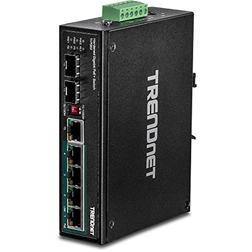 TRENDnet 6-Port Hardened Industrial Gigabit PoE+ DIN-Rail Switch, 4 x Gigabit PoE+ Ports, Shared Gigabit Port (RJ-45/SFP), Dedicated SFP, 120W Power Budget, IP30, Lifetime Protection, Black, TI-PG62 6 Port PoE Switch