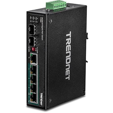 TRENDnet 6-Port Hardened Industrial Gigabit PoE+ DIN-Rail Switch, 4 x Gigabit PoE+ Ports, Shared Gigabit Port (RJ-45/SFP), Dedicated SFP, 120W Power Budget, IP30, Lifetime Protection, Black, TI-PG62 6 Port PoE Switch