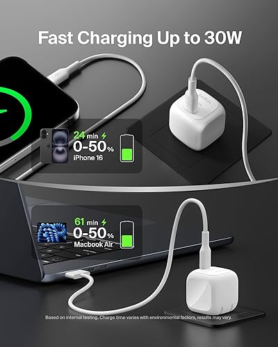 Belkin Compact Wall Charger 30W, USB-C Power Delivery Fast Charging for Apple iPhone 16, 15, 14, 13, Samsung Galaxy S25, iPad, AirPods, Tablet, Nintendo Switch 2 & More w/ 1M USB-C to C Cable - White