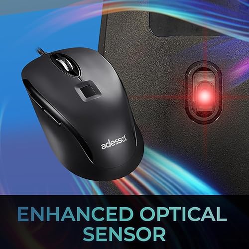 Adesso iMouse F1 Wired USB Mouse with Fingerprint Reader 1200 DPI AES 256 Encryption Biometric Security Windows Hello Compatible TAA Compliant Made in Taiwan