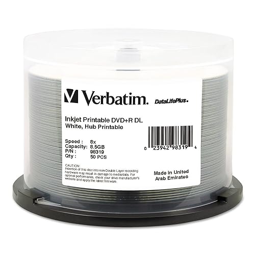 Verbatim DVD+R Dual Layer Printable Recordable Disc, 8.5 GB, 8x, Spindle, White