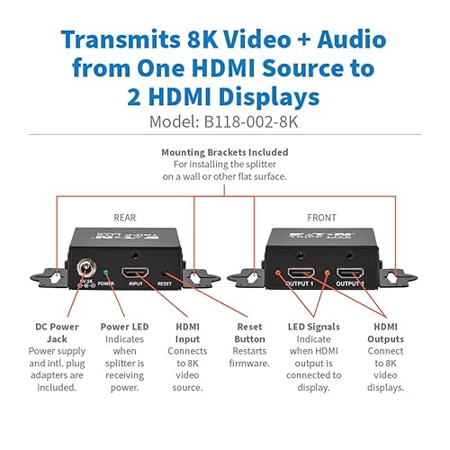 Tripp Lite Series 2-Port HDMI Splitter, 8K@60Hz, 1 in 2 Out, Mirror/Duplicate Only, Multi-Resolution Support, Mounting Kit, International Power Adapter, Plug-and-Play, 1-Year Warranty (B118-002-8K)
