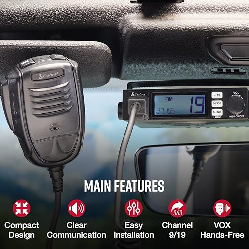 Cobra 19 Mini Recreational CB Radio - 40 Channels, Travel Essentials, Time Out Timer, VOX, Auto Squelch, Auto Power, Instant Channel 9/19, 4-Watt Output, Easy to Operate, Black