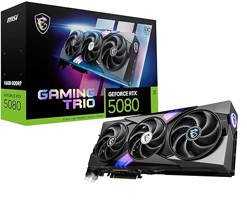 MSI Gaming RTX 5080 16G Gaming Trio OC Graphics Card (16GB GDDR7, 256-bit, Extreme Clock 2715 MHz, DisplayPort x 3 2.1a, HDMI 2.1b, NVIDIA Blackwell Architecture)
