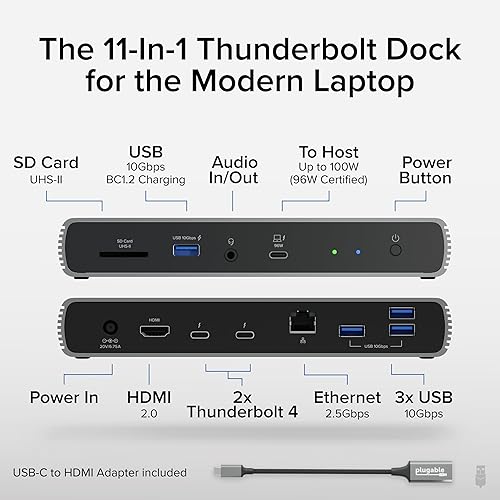 Plugable Thunderbolt 4 Dock for Dual 4K or 8K Display – 100W Charging Docking Station for MacBook Pro and Windows Laptops with 11 Ports, 3X Thunderbolt, Ethernet, USB, and SD Card (TBT4-UDX1)
