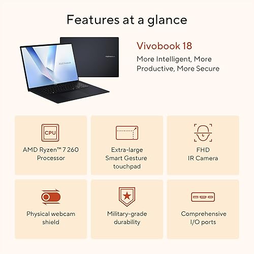 ASUS Vivobook 18 Laptop, 18” WUXGA 144Hz Display, AMD Ryzen 7 260 with XDNA NPU, AMD Radeon Graphics, 32GB RAM, 1TB SSD, Quiet Blue, M1807HA-DB79