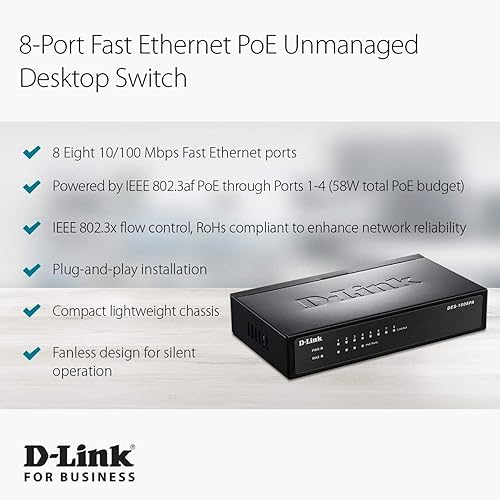D-Link Fast Ethernet Switch, 8 Port Unmanaged w/ 4 PoE Ports (802.3AF) Desktop Network Internet 10/100 Plug n Play (DES-1008PA) 8-Port PoE Fast Ethernet