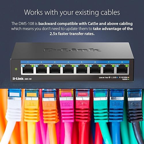 D-Link 8-Port 2.5GB Unmanaged Gaming Switch with 8 x 2.5G - Multi-Gig, Network, Fanless, Plug & Play (DMS-108) Black