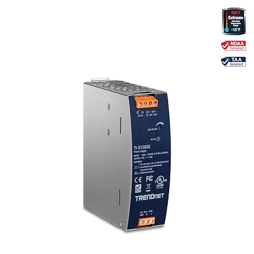 TRENDnet 150W, 52V DC, 2.89A AC to DC DIN-Rail Industrial Power Supply, Built-in Power Factor Controller Function, Extreme Operating Temperature Range -25° – 70° C (-13° – 158° F), Silver, TI-S15052