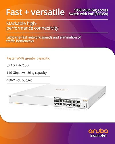 HPE Networking Instant On Switch Series 1960 12-Port mGig Smart-Managed Layer 2+ Ethernet Switch with PoE 480W | 8X 1G, 4X 2.5G | 2X 10GBase-T, 2X SFP+ | Stackable | US Cord (S0F35A#ABA)