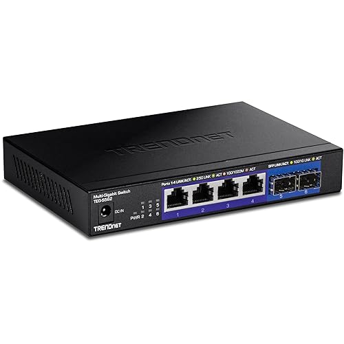 TRENDnet 6-Port Unmanaged Multi-Gig Switch, 4 x 2.5GBASE-T Ports, 2 x 10G SFP+ Ports Fanless, Compact Desktop Design, Metal Housing, Network Ethernet Switch, Lifetime Protection, Black, TEG-S562 4 Port 2.5G + 2 Port SFP+