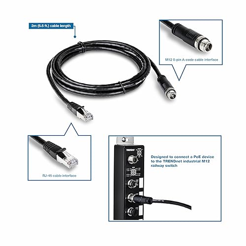 TRENDnet M12 to RJ-45 Industrial Ethernet Cable, 2m (6.5 ft.), TI-CD02, Designed to Connect a PoE Device to The TRENDnet Industrial M12 Railway Switch, Black