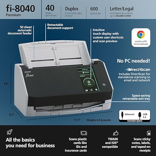 RICOH fi-8040 Premium Fast Front Office & Desktop Document, Receipt, ID Card Scanner with 50 Page Auto Feeder and PC-Less DirectScan Network Scanning Capability with 4-Year Advance Exchange Warranty