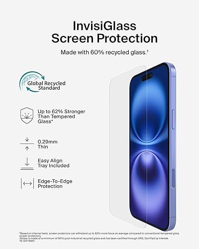 Belkin ScreenForce InvisiGlass Treated Screen Protector for iPhone 16 Plus, iPhone 15 Plus, & 14 Pro Max - Scratch-Resistant Impact Protection w/Included Easy Align Tray for Bubble-Free Application