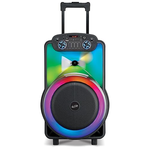iLive The Show Bluetooth Wireless Party Speaker System, Truly Wireless Stereo, Aux In USB Port, MicroSD Slot, Microphone Input, Color Changing LED Lights, Retractable Pull Handle, Roller Wheels, Black