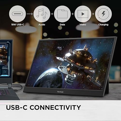 ViewSonic VA1653 16 Inch 1080p FHD IPS Portable Monitor with Eye Care, Built-in Stand, USB C, Mini HDMI, and Protective Case External Second Screen for Laptops, PC, Mac, and Gaming Consoles