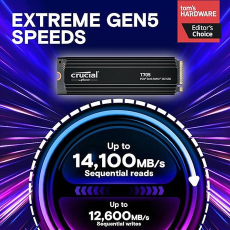 New 2024 Crucial T705 4TB PCIe Gen5 NVMe M.2 SSD with Heatsink - Up to 14,100 MB/s - Game Ready - Internal Solid State Drive (PC) - +1mo Adobe CC - CT4000T705SSD5 4TB T705 W/Heatsink