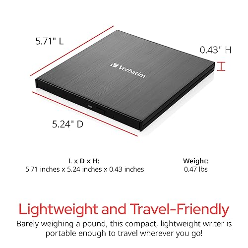 Verbatim Ultra HD 4K CD DVD Blu-ray Writer USB 3.2 GEN 1 USB-C Connectivity Slim Brushed Metal Enclosure Compatible with Mac and PC with Free 25GB Verbatim Blu-ray disc