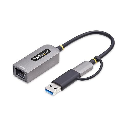 StarTech.com USB-C to Ethernet Adapter w/USB-A Dongle, 10/100/1000Mbps, USB GbE Adapter, 6in/15cm Attached Cable, Status LEDs USB-C & USB-A 1Gbps Space Gray