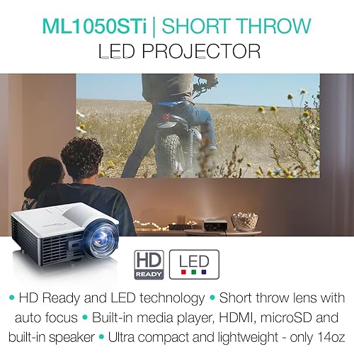 Optoma ML1050STi Portable LED Projector with Enhanced Gaming Mode 16ms Input Lag - Short Throw, Built-in Speaker, Auto Focus, Built-in Media Player